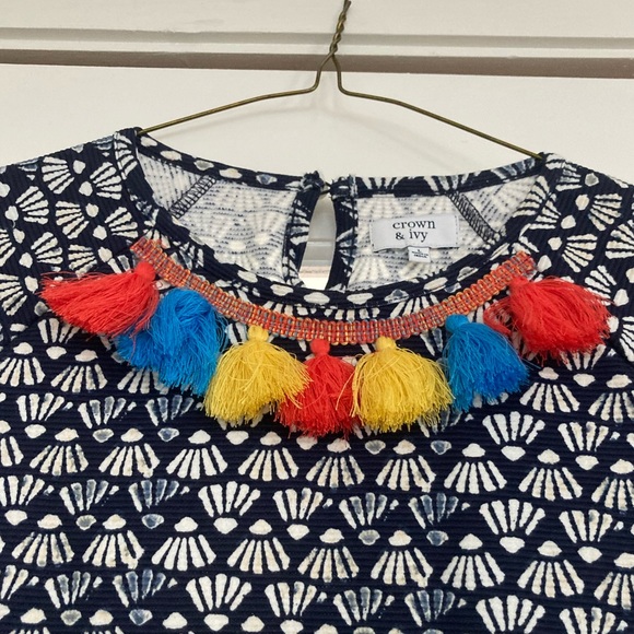 NWT Sz L Crown & Ivy Navy and White Dress w/Colorful Embellishment At Neckline - Picture 3 of 7